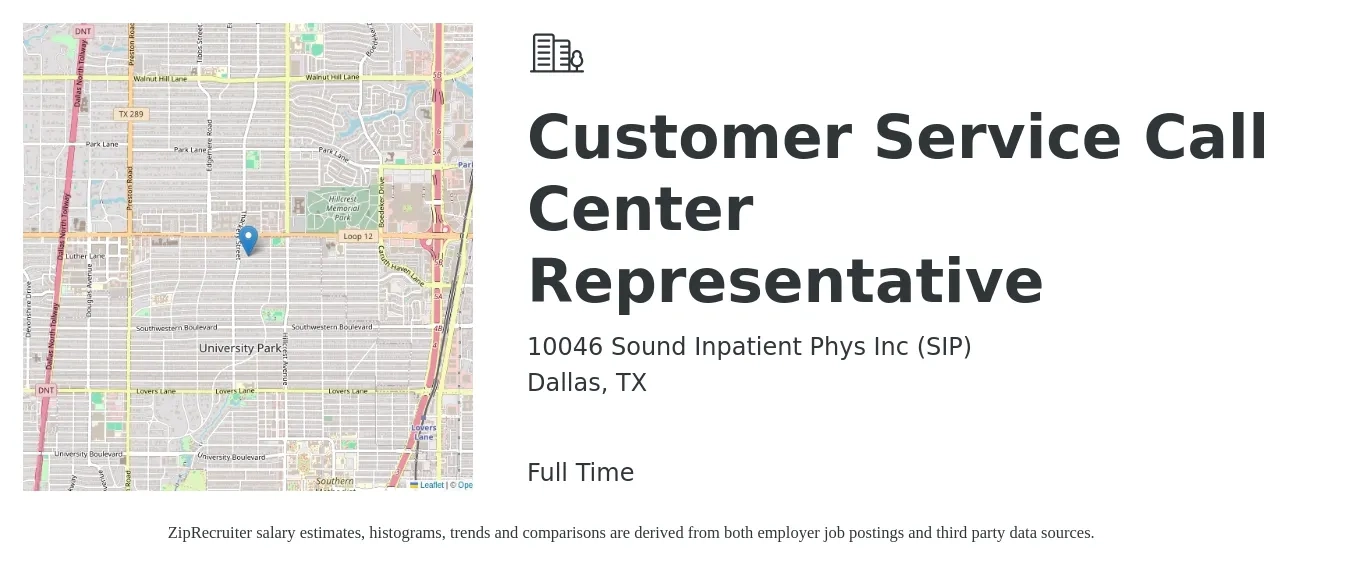10046 Sound Inpatient Phys Inc (SIP) job posting for a Customer Service Call Center Representative in Dallas, TX with a salary of $14 to $18 Hourly with a map of Dallas location.
