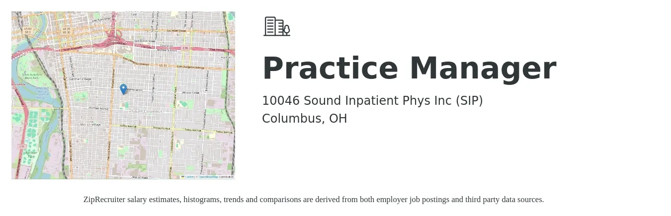 10046 Sound Inpatient Phys Inc (SIP) job posting for a Practice Manager in Columbus, OH with a salary of $55,100 to $76,300 Yearly with a map of Columbus location.