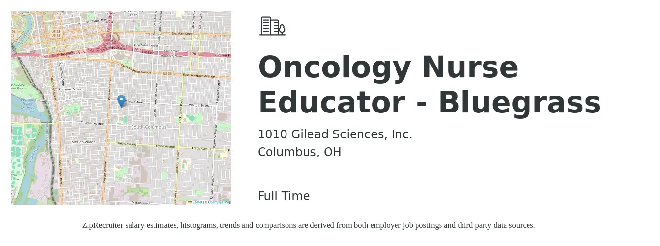 1010 Gilead Sciences, Inc. job posting for a Oncology Nurse Educator - Bluegrass in Columbus, OH with a salary of $69,500 to $118,800 Yearly with a map of Columbus location.