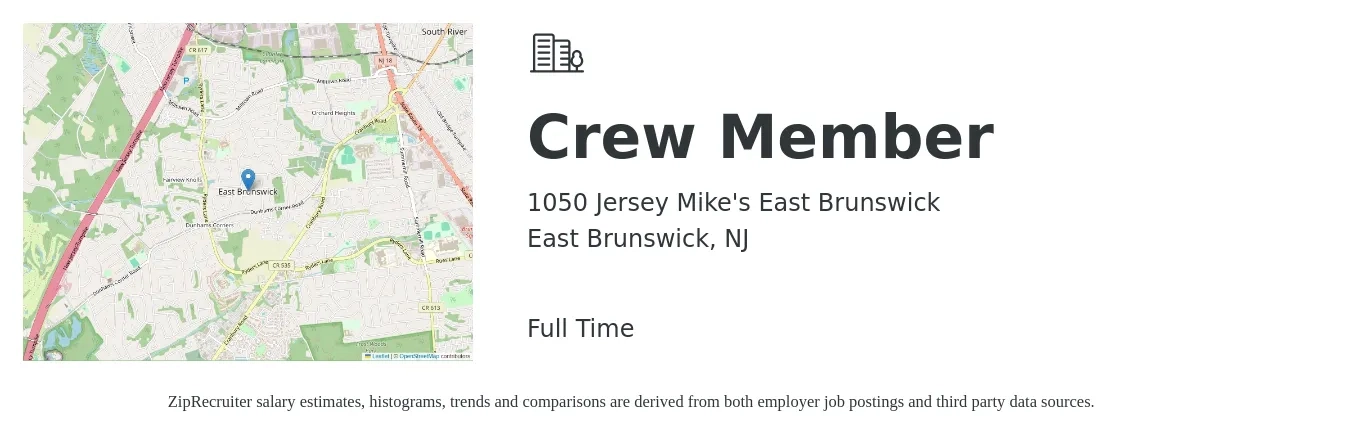 1050 Jersey Mike's East Brunswick job posting for a Crew Member in East Brunswick, NJ with a salary of $12 to $16 Hourly with a map of East Brunswick location.