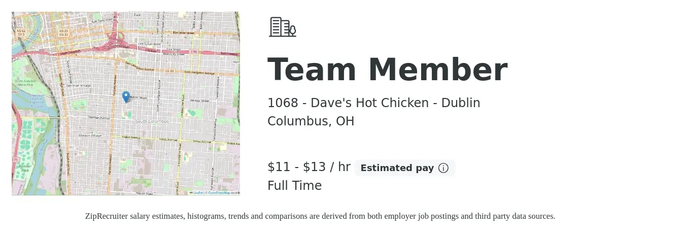 1068 - Dave's Hot Chicken - Dublin job posting for a Team Member in Columbus, OH with a salary of $12 to $14 Hourly with a map of Columbus location.