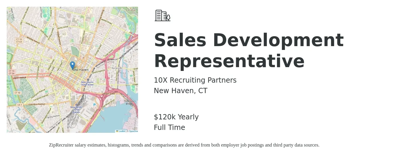10X Recruiting Partners job posting for a Sales Development Representative in New Haven, CT with a salary of $120,000 Yearly with a map of New Haven location.