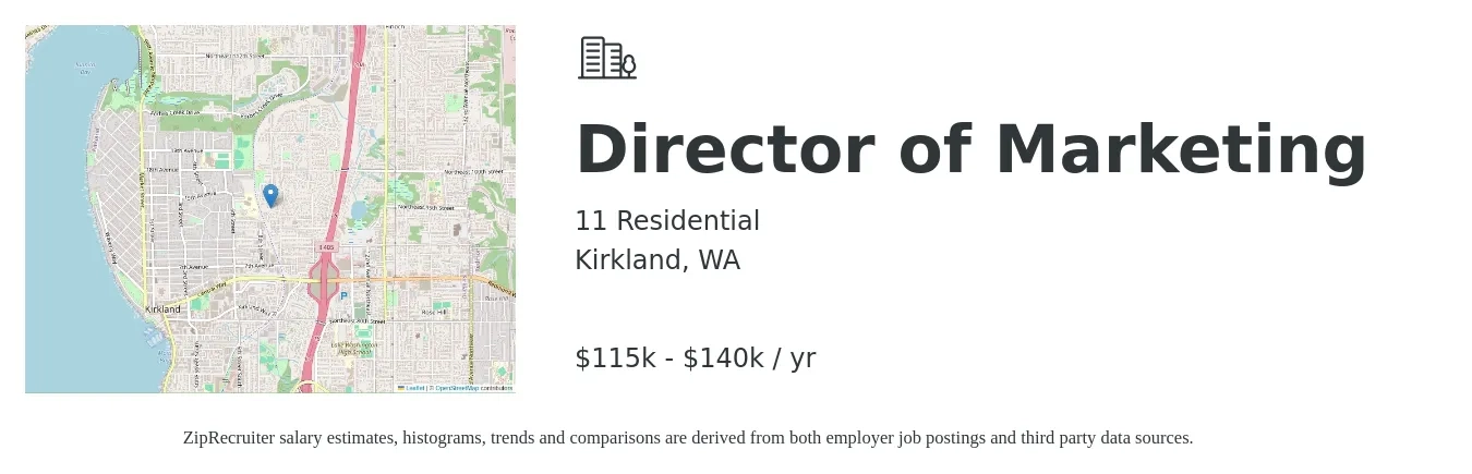 11 Residential job posting for a Director of Marketing in Kirkland, WA with a salary of $115,000 to $140,000 Yearly with a map of Kirkland location.