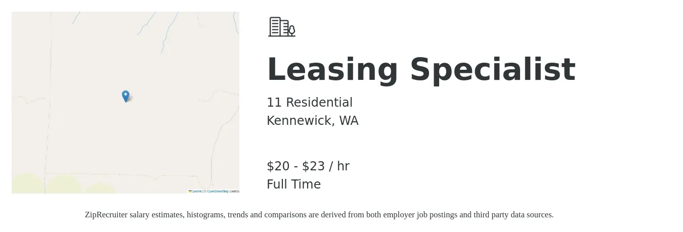 11 Residential job posting for a Leasing Specialist in Kennewick, WA with a salary of $21 to $23 Hourly with a map of Kennewick location.