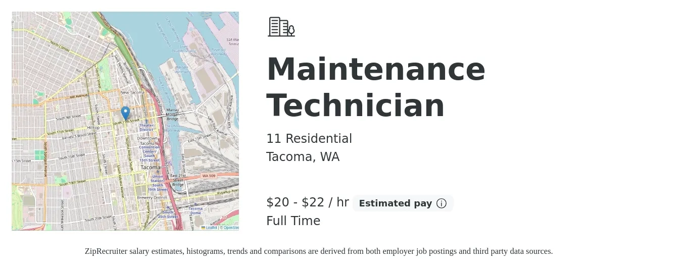 11 Residential job posting for a Maintenance Technician in Tacoma, WA with a salary of $21 to $23 Hourly with a map of Tacoma location.