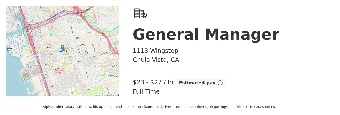 1113 Wingstop job posting for a General Manager in Chula Vista, CA with a salary of $24 to $29 Hourly with a map of Chula Vista location.