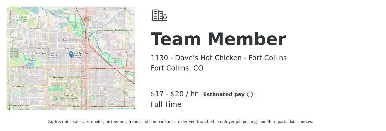 1130 - Dave's Hot Chicken - Fort Collins job posting for a Team Member in Fort Collins, CO with a salary of $18 to $21 Hourly with a map of Fort Collins location.