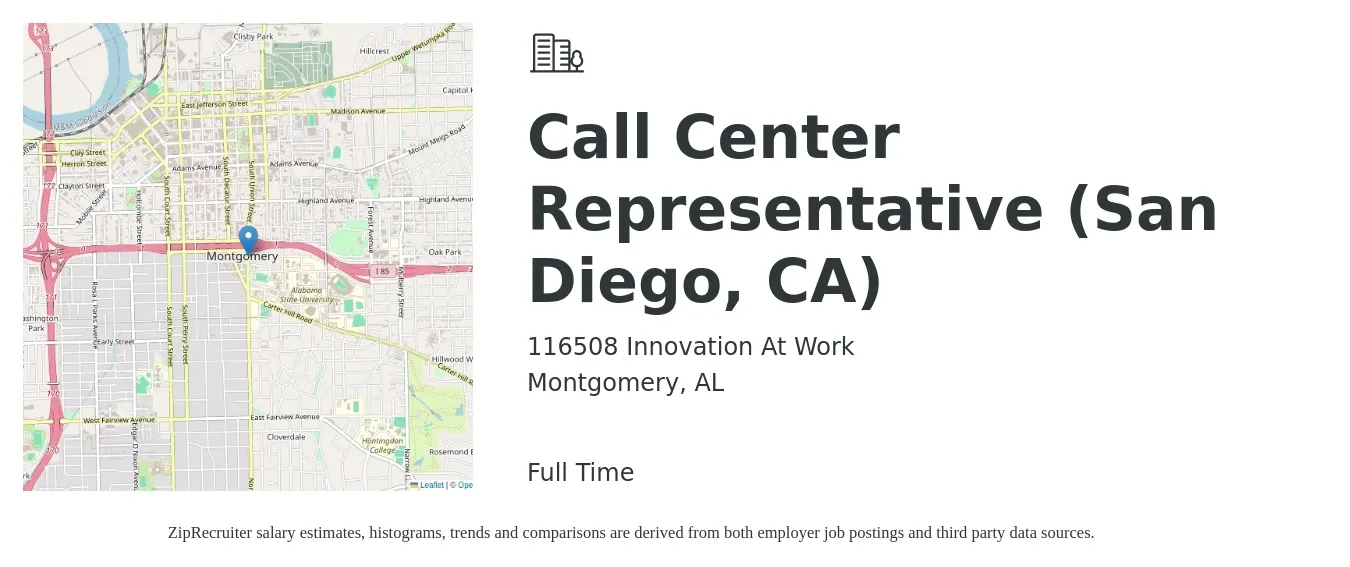 116508 Innovation At Work job posting for a Call Center Representative (San Diego, CA) in Montgomery, AL with a salary of $16 to $20 Hourly with a map of Montgomery location.