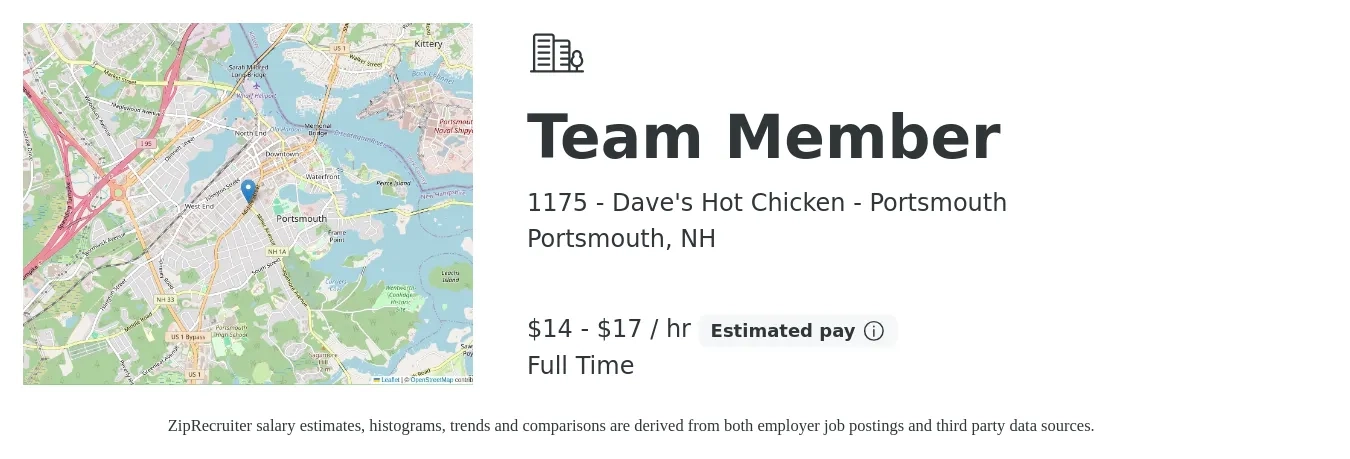 1175 - Dave's Hot Chicken - Portsmouth job posting for a Team Member in Portsmouth, NH with a salary of $15 to $18 Hourly with a map of Portsmouth location.