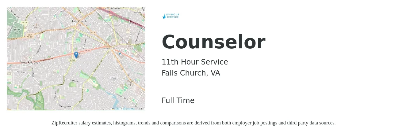 11th Hour Service job posting for a Counselor in Falls Church, VA with a salary of $26 to $37 Hourly with a map of Falls Church location.