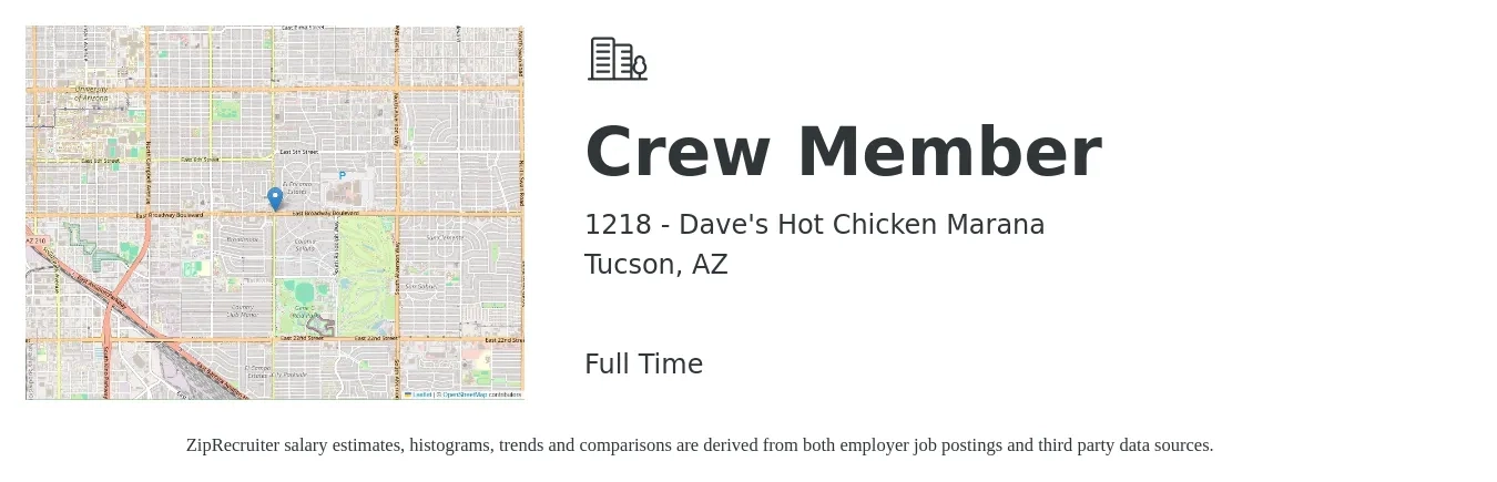1218 - Dave's Hot Chicken Marana job posting for a Crew Member in Tucson, AZ with a salary of $11 to $14 Hourly with a map of Tucson location.