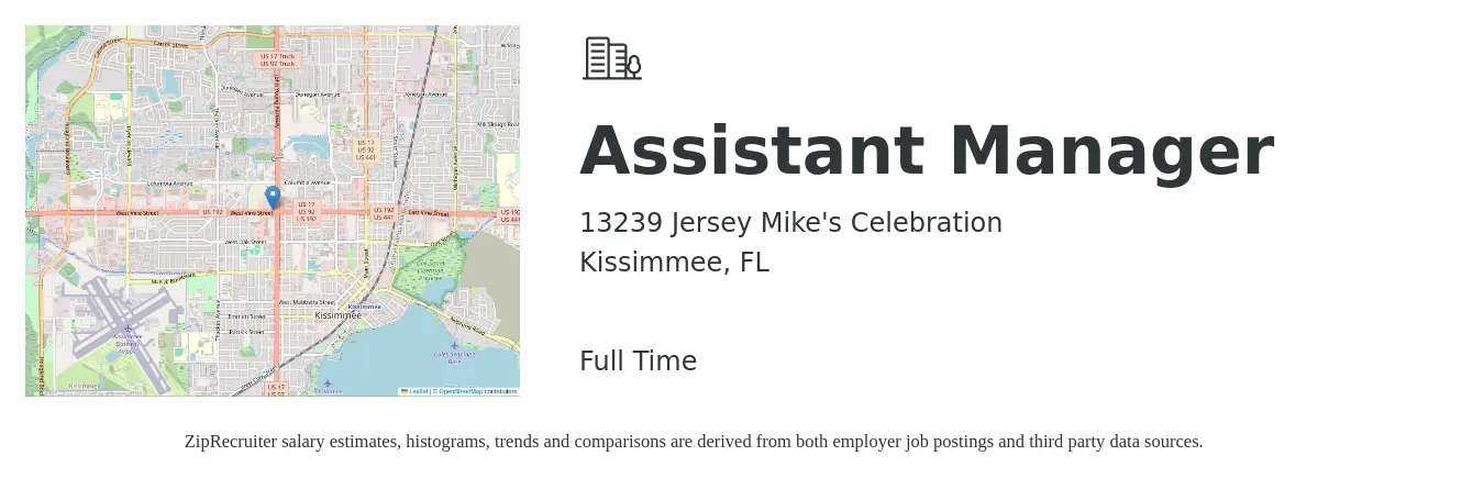13239 Jersey Mike's Celebration job posting for a Assistant Manager in Kissimmee, FL with a map of Kissimmee location.