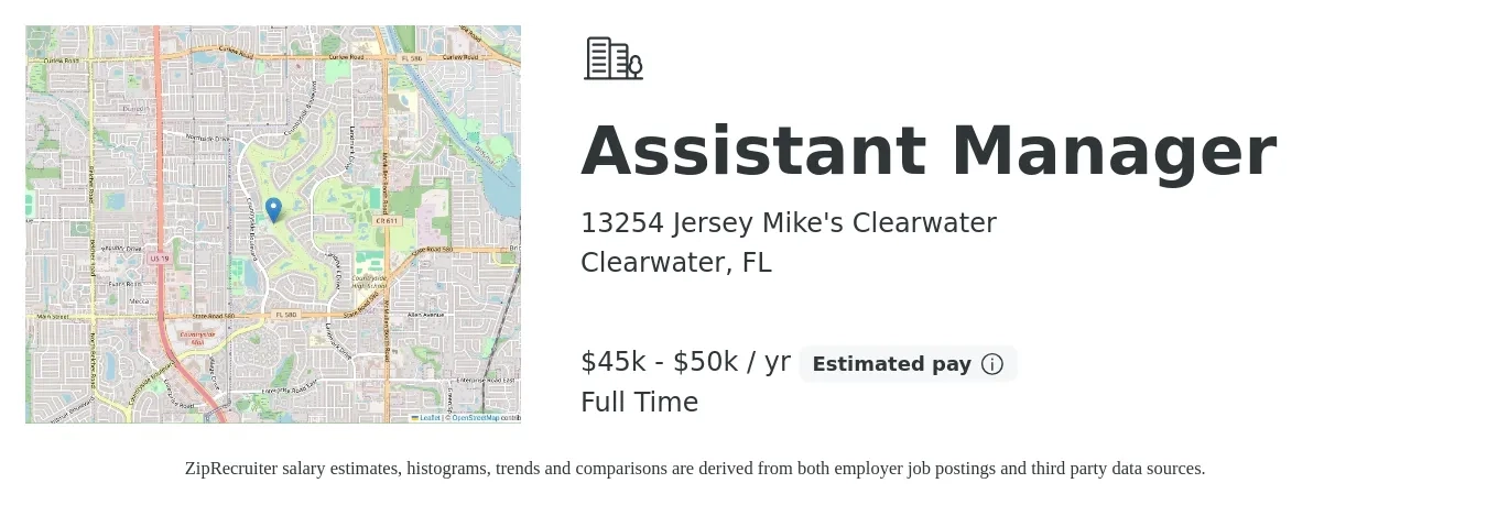 13254 Jersey Mike's Clearwater job posting for a Assistant Manager in Clearwater, FL with a salary of $45,000 to $50,000 Yearly with a map of Clearwater location.