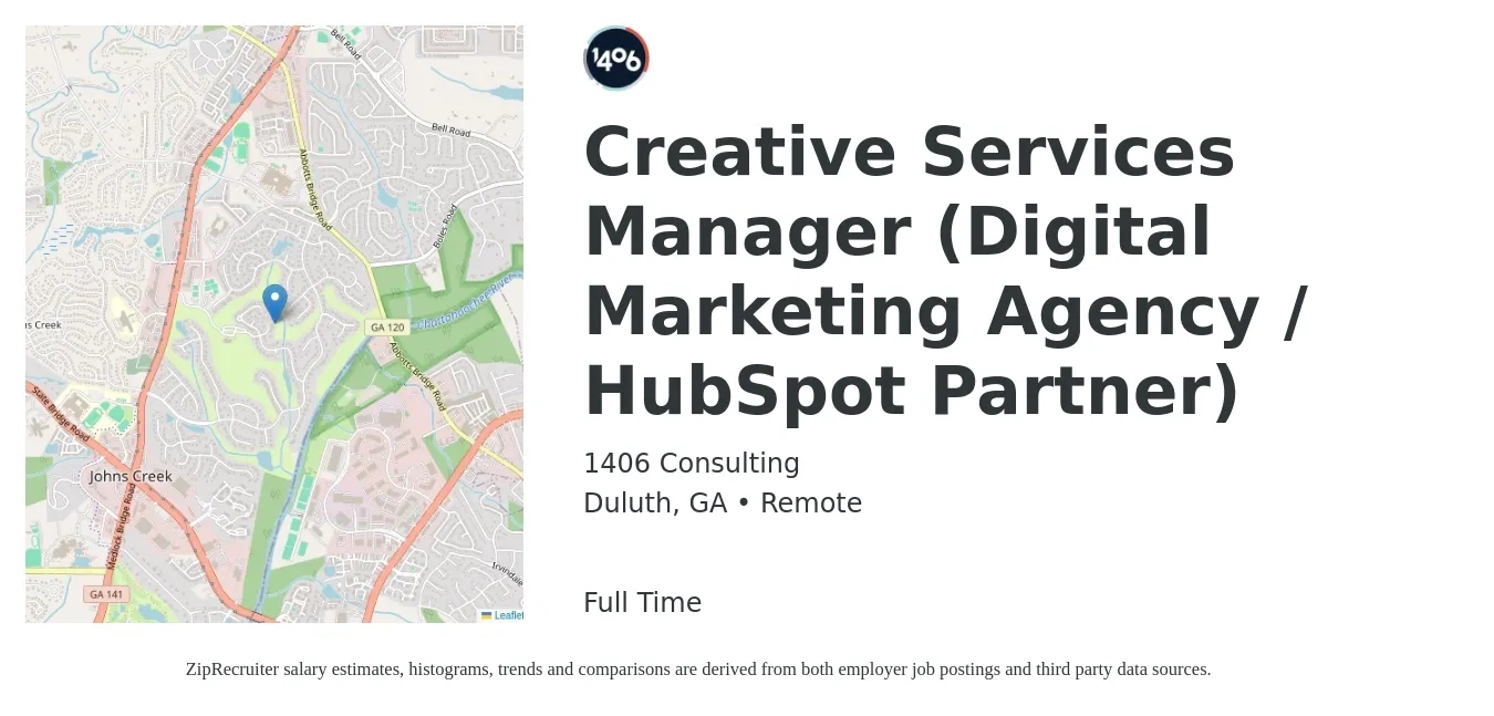 1406 Consulting job posting for a Creative Services Manager (Digital Marketing Agency / HubSpot Partner) in Duluth, GA with a salary of $63,100 to $92,100 Yearly with a map of Duluth location.