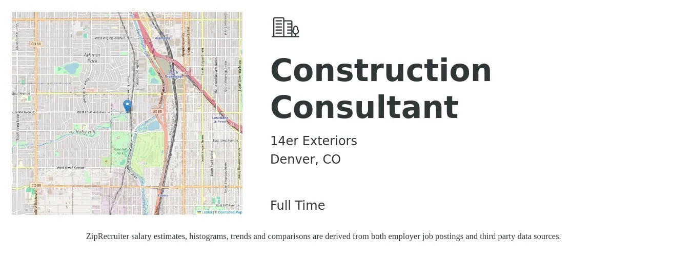 14er Exteriors job posting for a Construction Consultant in Denver, CO with a salary of $67,900 to $105,000 Yearly with a map of Denver location.
