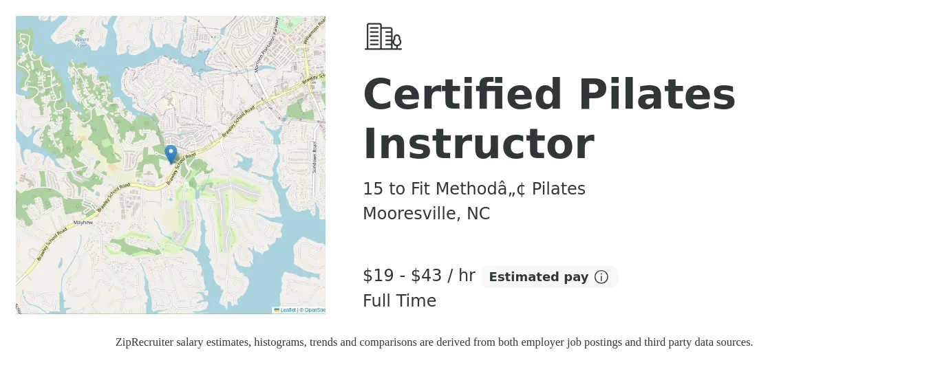 15 to Fit Method™ Pilates job posting for a Certified Pilates Instructor in Mooresville, NC with a salary of $20 to $40 Hourly with a map of Mooresville location.