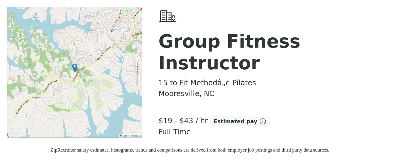 15 to Fit Method™ Pilates job posting for a Group Fitness Instructor in Mooresville, NC with a salary of $16 to $26 Hourly with a map of Mooresville location.