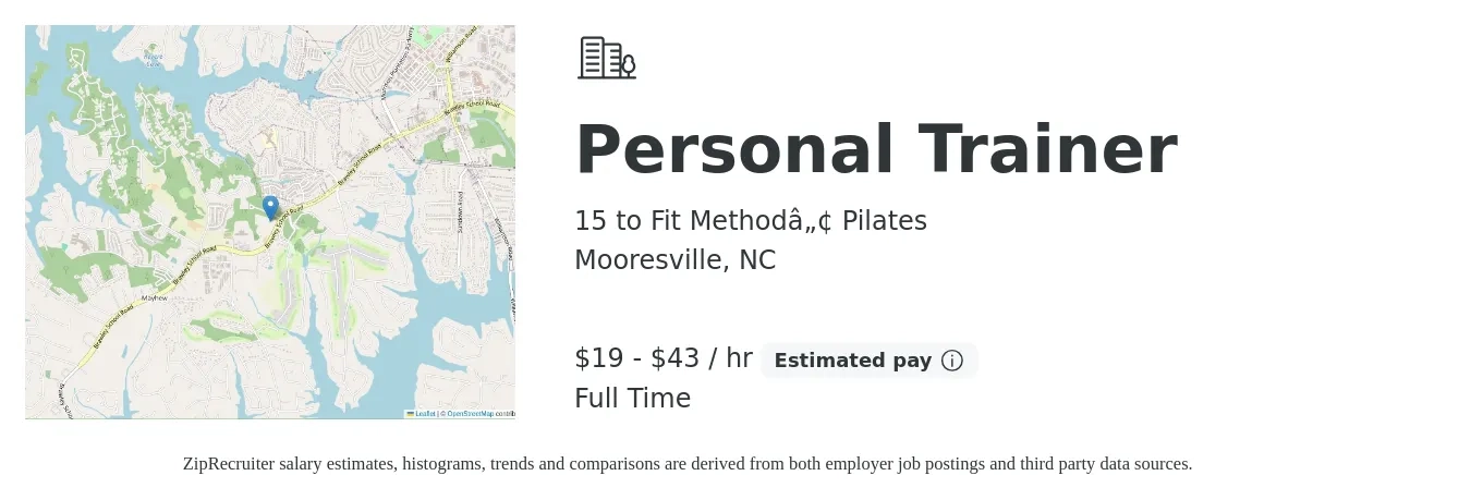 15 to Fit Method™ Pilates job posting for a Personal Trainer in Mooresville, NC with a salary of $18 to $29 Hourly with a map of Mooresville location.