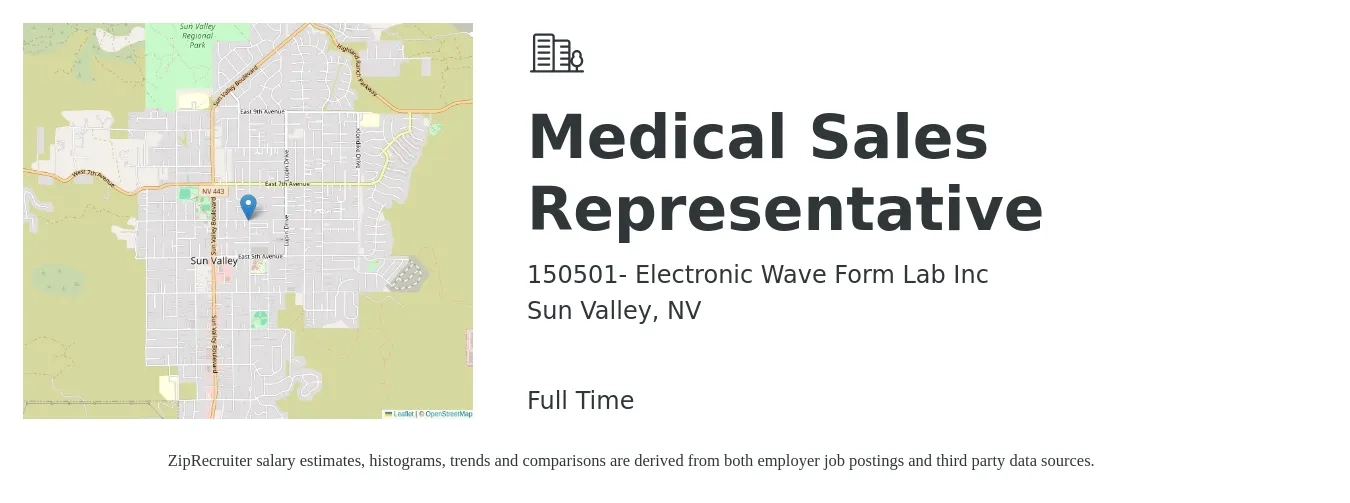 150501- Electronic Wave Form Lab Inc job posting for a Medical Sales Representative in Sun Valley, NV with a salary of $61,100 to $116,100 Yearly with a map of Sun Valley location.