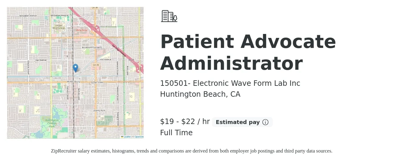 150501- Electronic Wave Form Lab Inc job posting for a Patient Advocate Administrator in Huntington Beach, CA with a salary of $20 to $23 Hourly with a map of Huntington Beach location.