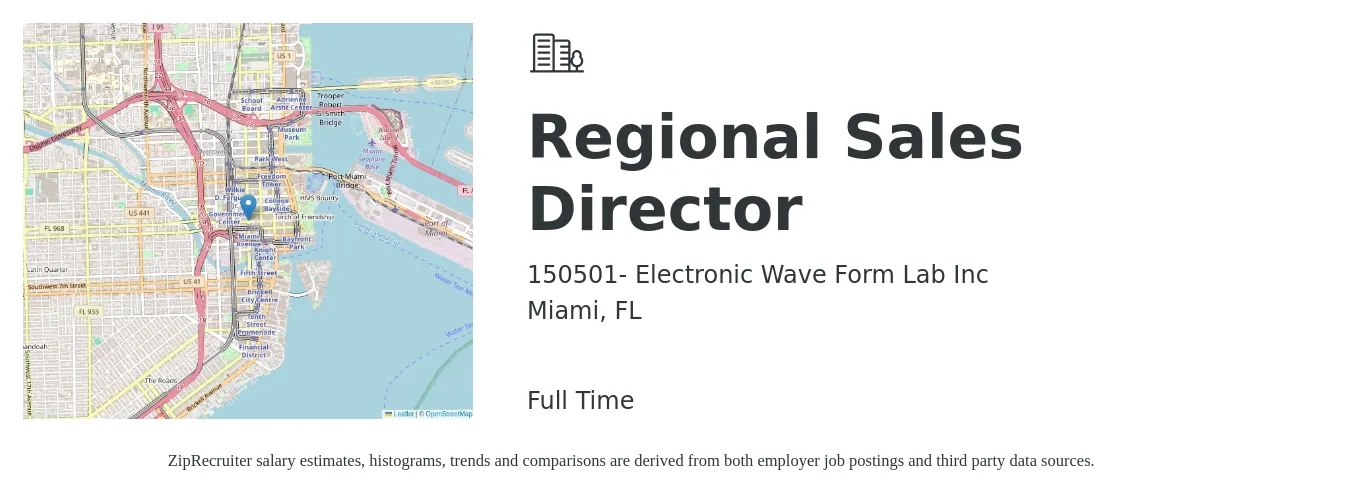 150501- Electronic Wave Form Lab Inc job posting for a Regional Sales Director in Miami, FL with a salary of $87,000 to $135,800 Yearly with a map of Miami location.