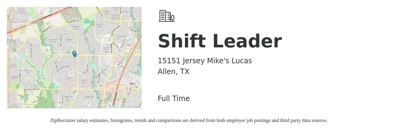 15151 Jersey Mike's Lucas job posting for a Shift Leader in Allen, TX with a salary of $13 to $16 Hourly with a map of Allen location.