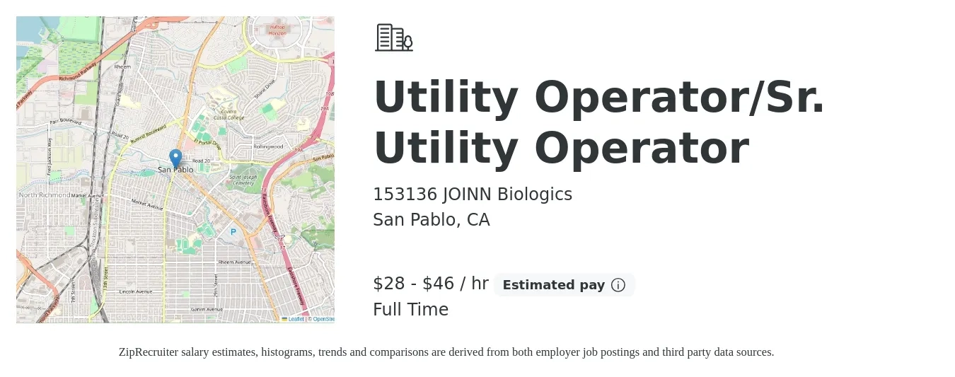 153136 JOINN Biologics job posting for a Utility Operator/Sr. Utility Operator in San Pablo, CA with a salary of $30 to $48 Hourly with a map of San Pablo location.