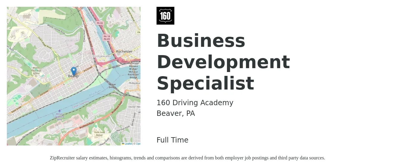160 Driving Academy job posting for a Business Development Specialist in Beaver, PA with a salary of $42,500 to $71,000 Yearly with a map of Beaver location.