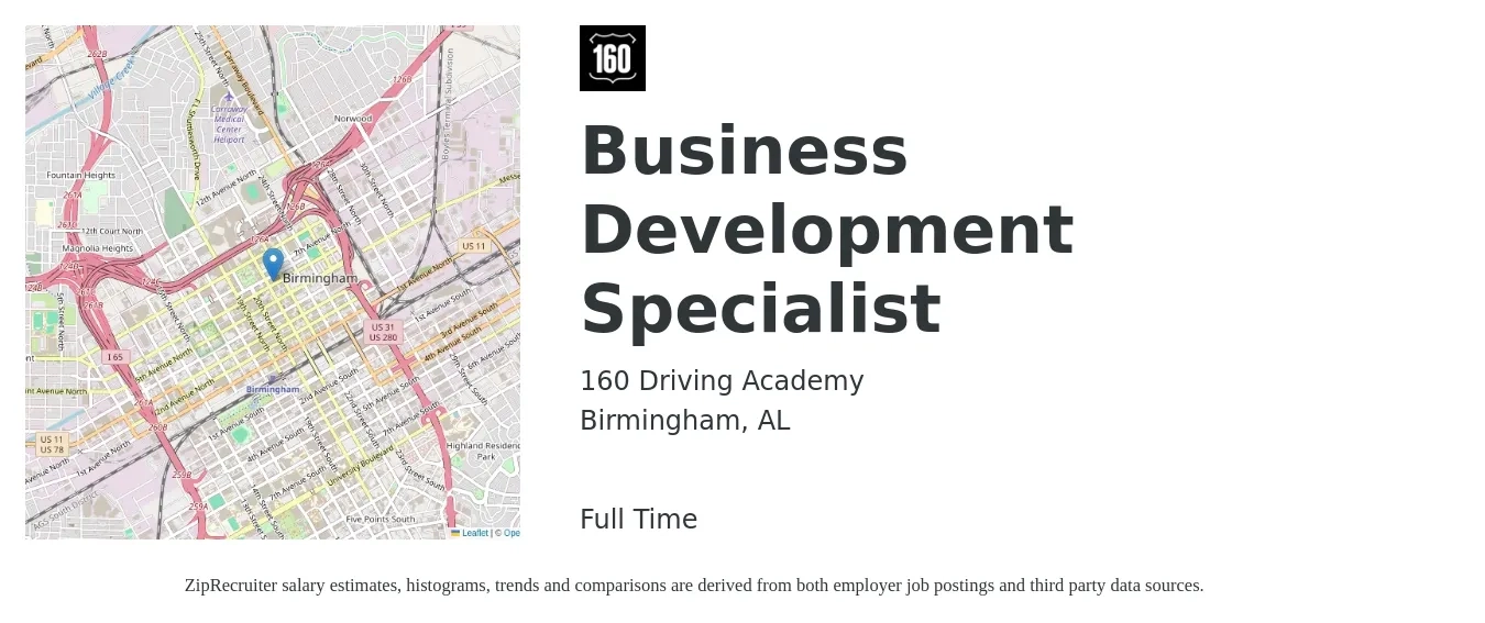 160 Driving Academy job posting for a Business Development Specialist in Birmingham, AL with a salary of $44,000 to $73,600 Yearly with a map of Birmingham location.