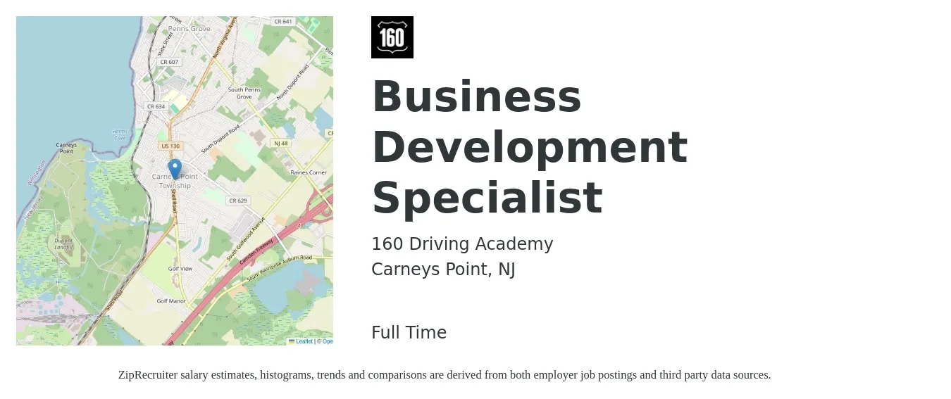 160 Driving Academy job posting for a Business Development Specialist in Carneys Point, NJ with a salary of $45,400 to $75,800 Yearly with a map of Carneys Point location.