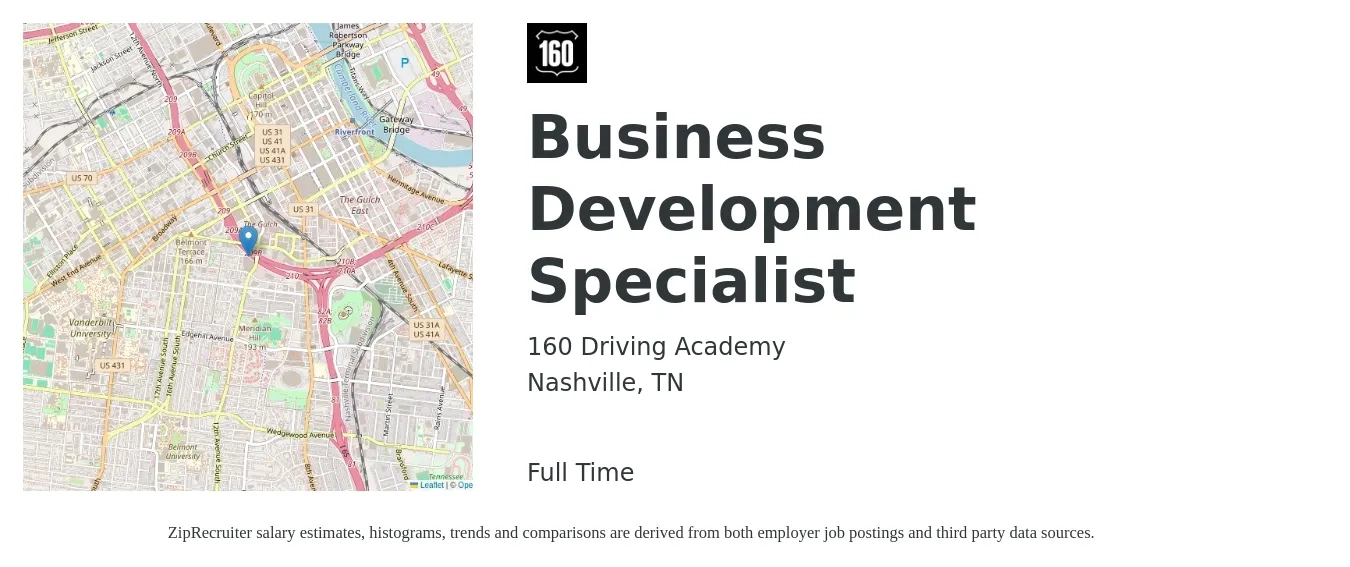 160 Driving Academy job posting for a Business Development Specialist in Nashville, TN with a salary of $45,400 to $75,800 Yearly with a map of Nashville location.