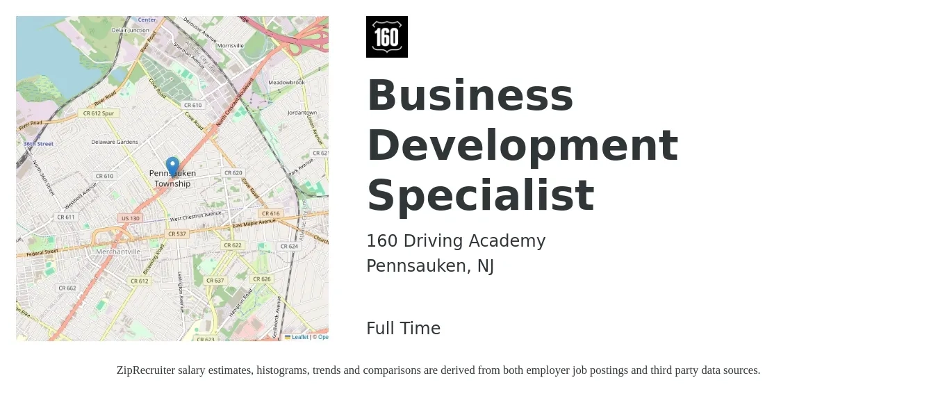 160 Driving Academy job posting for a Business Development Specialist in Pennsauken, NJ with a salary of $46,600 to $77,900 Yearly with a map of Pennsauken location.