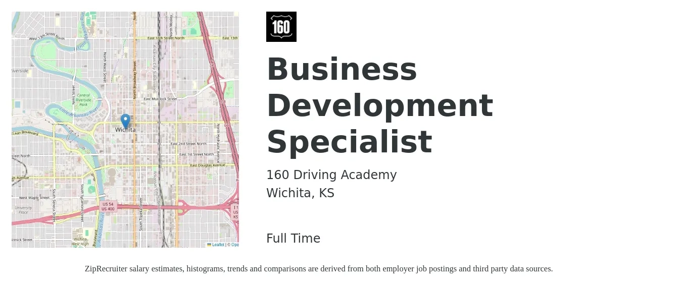 160 Driving Academy job posting for a Business Development Specialist in Wichita, KS with a salary of $42,000 to $70,200 Yearly with a map of Wichita location.