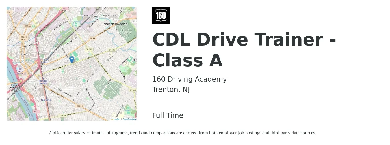 160 Driving Academy job posting for a CDL Drive Trainer - Class A in Trenton, NJ with a salary of $1,320 to $1,760 Weekly with a map of Trenton location.