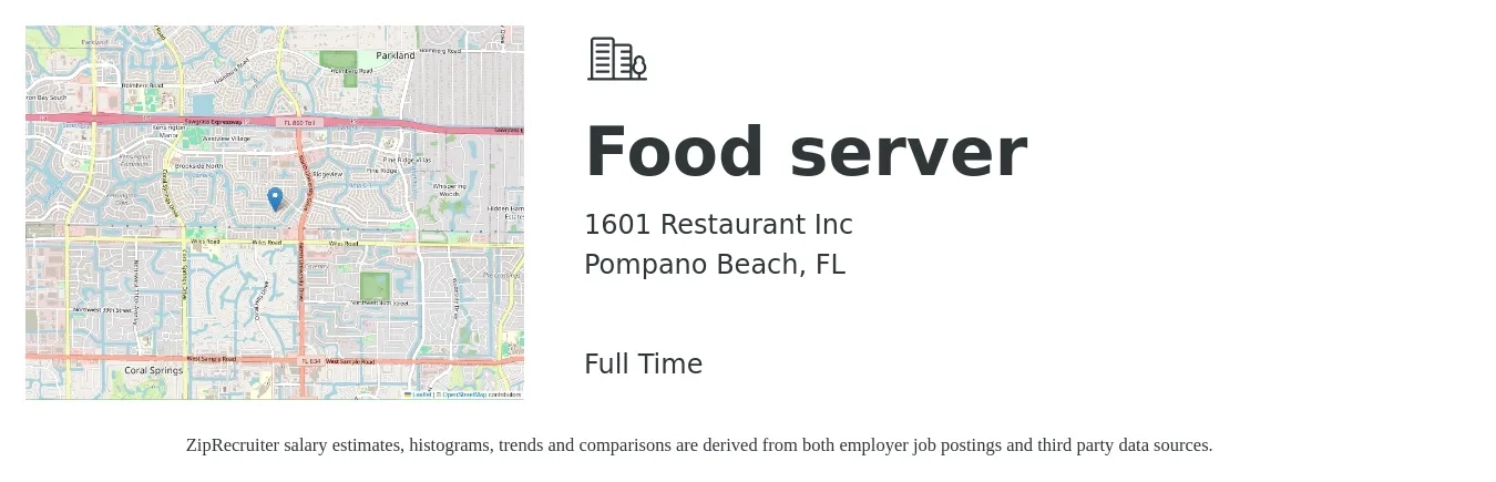 1601 Restaurant Inc job posting for a Food server in Pompano Beach, FL with a salary of $12 to $17 Hourly with a map of Pompano Beach location.
