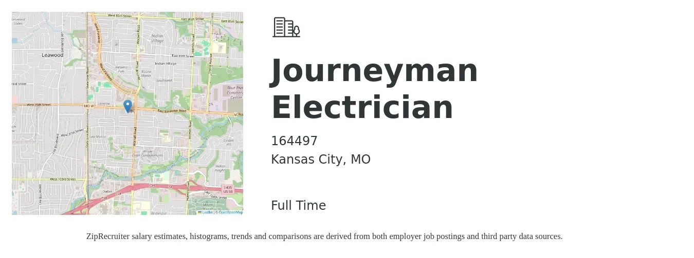 164497 job posting for a Journeyman Electrician in Kansas City, MO with a salary of $26 to $36 Hourly with a map of Kansas City location.