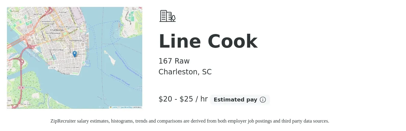167 Raw job posting for a Line Cook in Charleston, SC with a salary of $21 to $27 Hourly with a map of Charleston location.