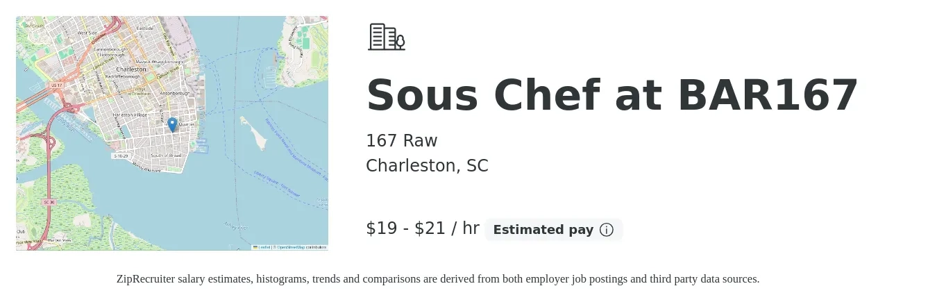 167 Raw job posting for a Sous Chef at BAR167 in Charleston, SC with a salary of $20 to $22 Hourly with a map of Charleston location.