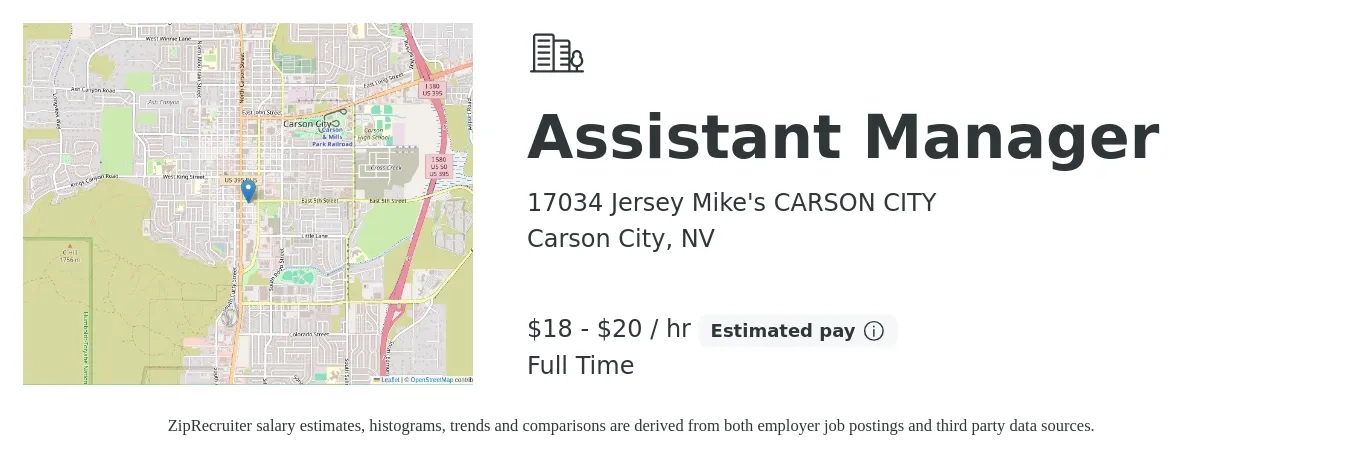 17034 Jersey Mike's CARSON CITY job posting for a Assistant Manager in Carson City, NV with a salary of $19 to $21 Hourly with a map of Carson City location.