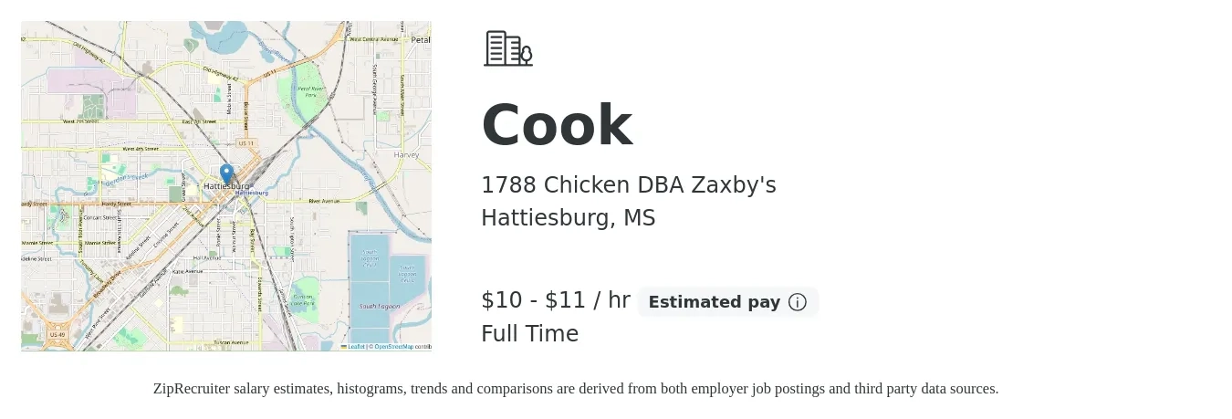 1788 Chicken DBA Zaxby's job posting for a Cook in Hattiesburg, MS with a salary of $11 to $12 Hourly with a map of Hattiesburg location.
