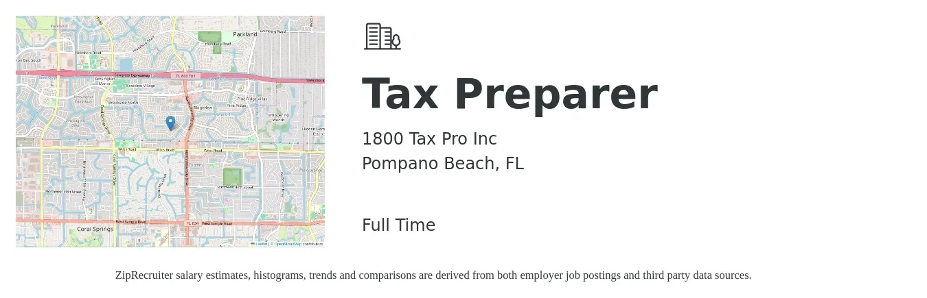 1800 Tax Pro Inc job posting for a Tax Preparer in Pompano Beach, FL with a salary of $3,000 to $7,000 Monthly with a map of Pompano Beach location.