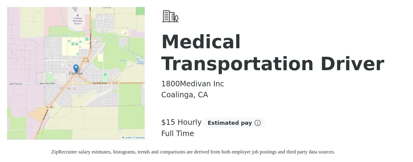 1800Medivan Inc job posting for a Medical Transportation Driver in Coalinga, CA with a salary of $16 Hourly with a map of Coalinga location.