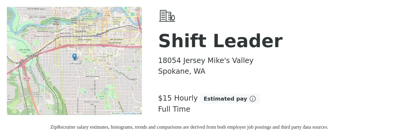 18054 Jersey Mike's Valley job posting for a Shift Leader in Spokane, WA with a salary of $16 Hourly with a map of Spokane location.