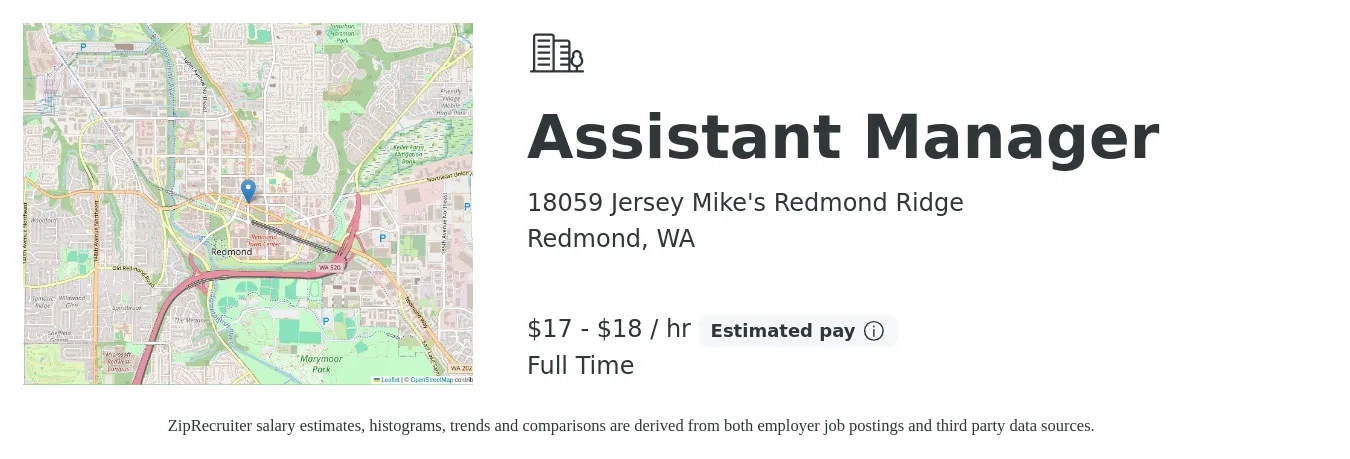18059 Jersey Mike's Redmond Ridge job posting for a Assistant Manager in Redmond, WA with a salary of $18 to $19 Hourly with a map of Redmond location.