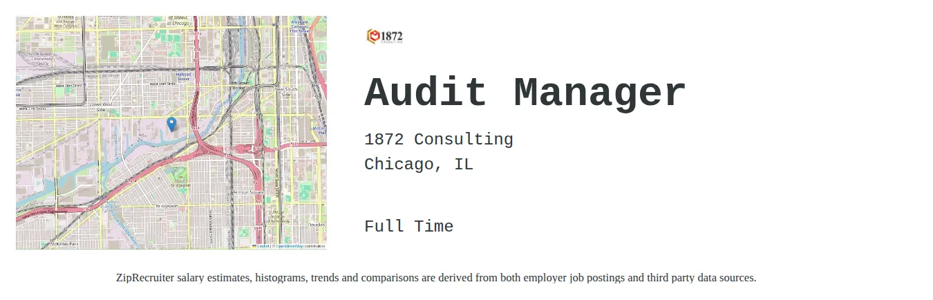 1872 Consulting job posting for a Audit Manager in Chicago, IL with a salary of $107,100 to $140,600 Annually with a map of Chicago location.