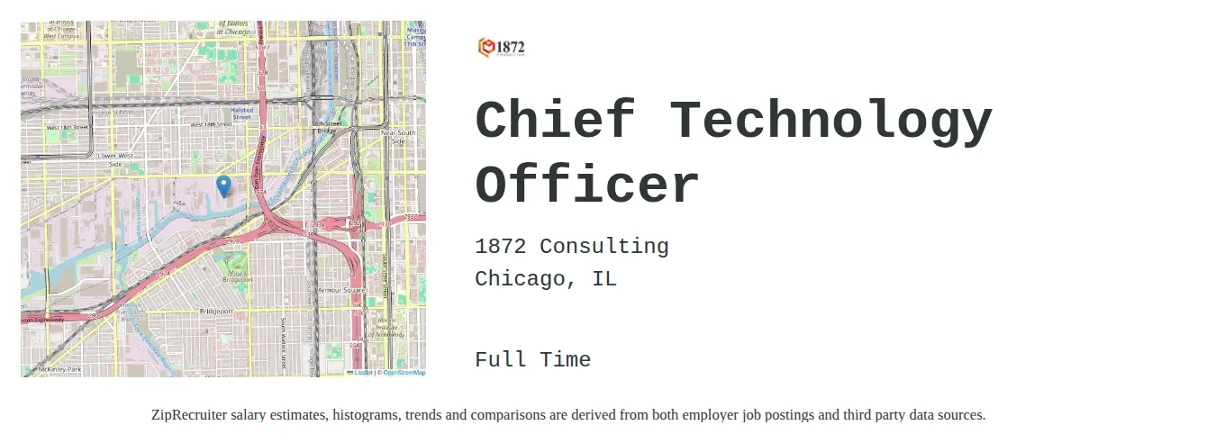1872 Consulting job posting for a Chief Technology Officer in Chicago, IL with a salary of $136,100 to $201,000 Annually with a map of Chicago location.
