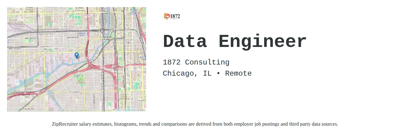 1872 Consulting job posting for a Data Engineer in Chicago, IL with a salary of $118,000 to $141,800 Annually with a map of Chicago location.