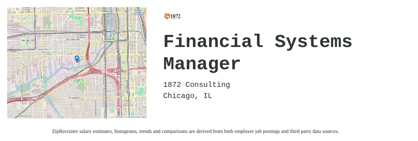 1872 Consulting job posting for a Financial Systems Manager in Chicago, IL with a salary of $97,400 to $173,200 Annually with a map of Chicago location.