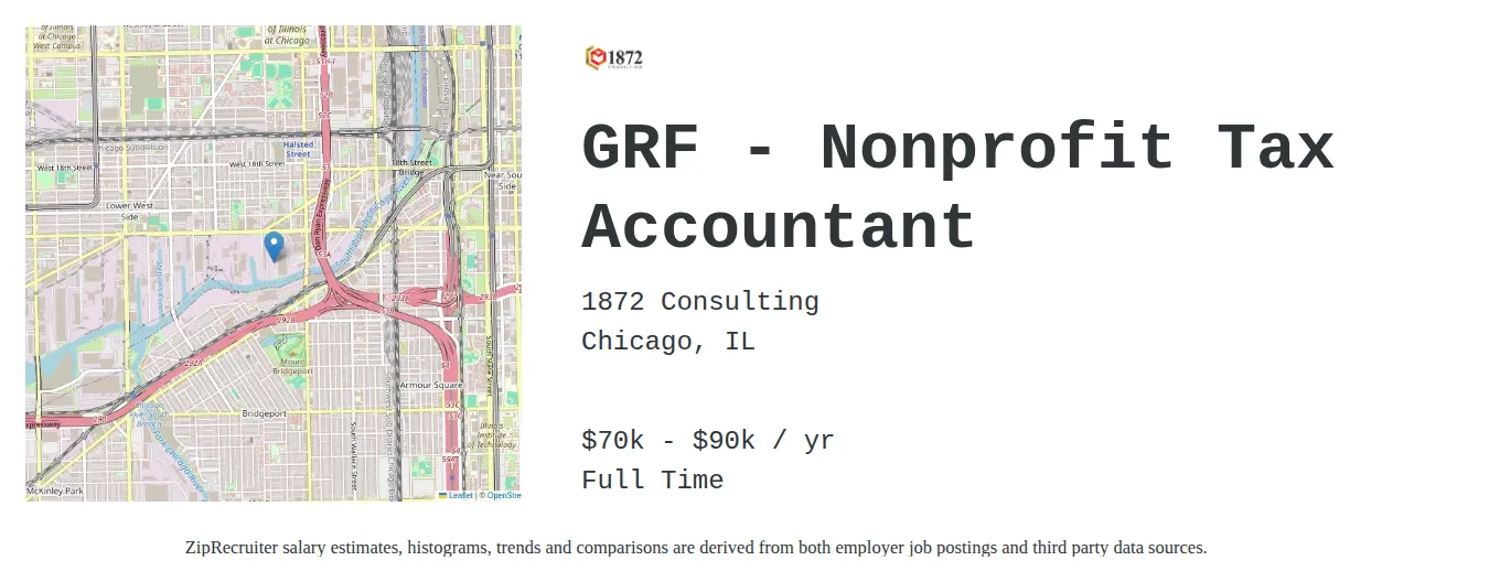 1872 Consulting job posting for a GRF - Nonprofit Tax Accountant in Chicago, IL with a salary of $70,000 to $90,000 Annually and benefits including Medical, Life, and Retirement with a map of Chicago location.