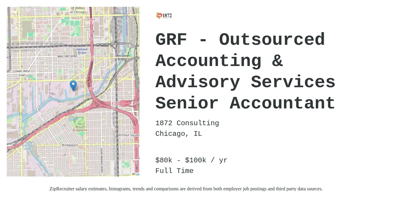 1872 Consulting job posting for a GRF - Outsourced Accounting & Advisory Services Senior Accountant in Chicago, IL with a salary of $80,000 to $100,000 Annually and benefits including Medical and Retirement with a map of Chicago location.